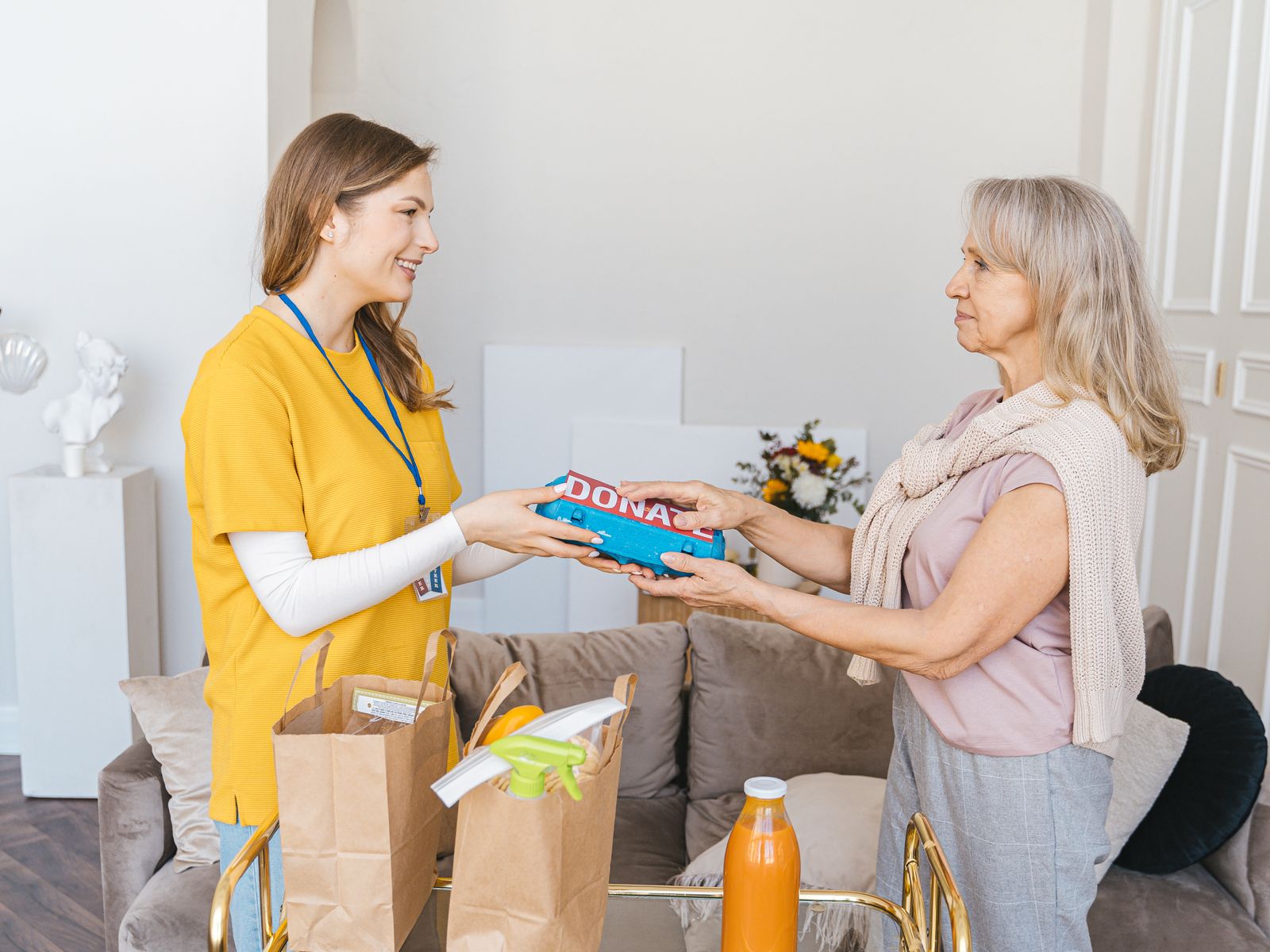 A support worker bringing a meal tray to a woman at home
